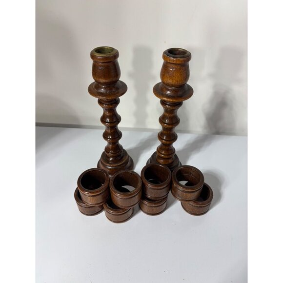 Vtg Wooden Candlestick Holders & 8 Napkin Rings Built In Set Unique - Picture 4 of 8